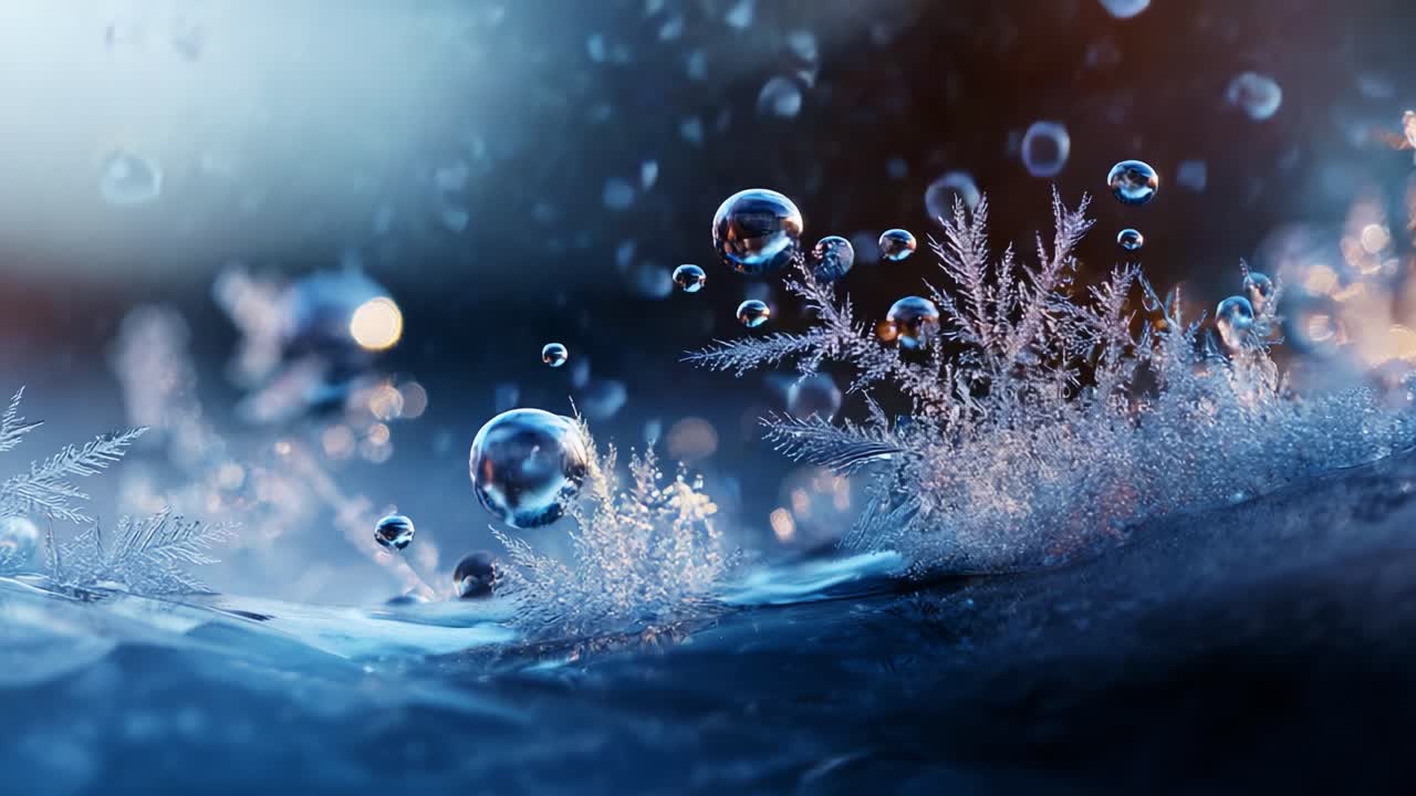 A mesmerizing visual display of frozen ice and crystal-like formations, enhanced by shimmering bubbles emerging from the surface, creating a captivating winter wonderland ambiance