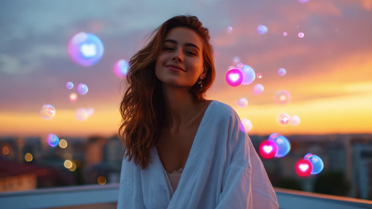 A Captivating Portrait of a Young Woman Experiencing Joyful Emotions Against a Stunning Sunset Backdrop, Enhanced by Colorful Bubbles and Mysterious Lights Filling the Evening Sky