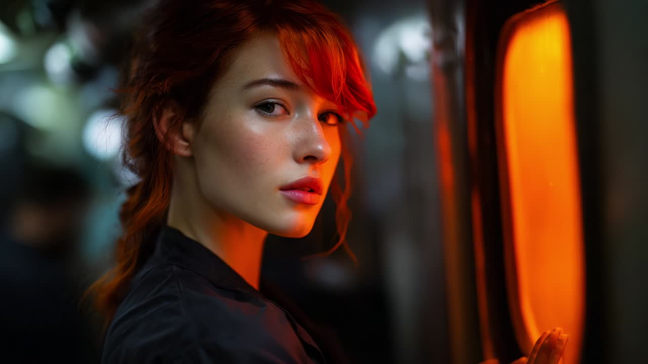 An Introspective Moment Captured: A Young Woman with Fiery Red Hair Gazes Out of a Glowing Window in a Dimly Lit Space, Evoking Thoughts of Reflection, Mystery, and Emotion Amidst Urban Surroundings