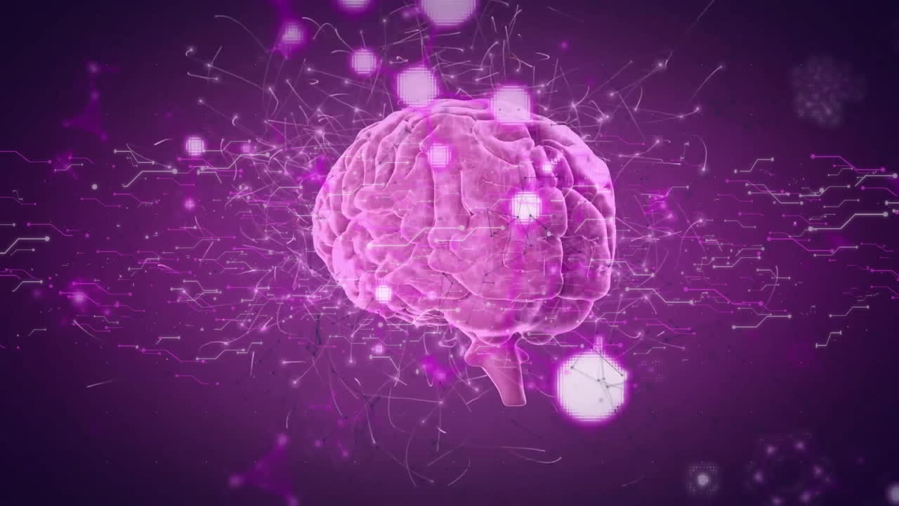 animación de un cerebro digital con moléculas sobre una placa de circuitos de computadora sobre un fondo púrpura