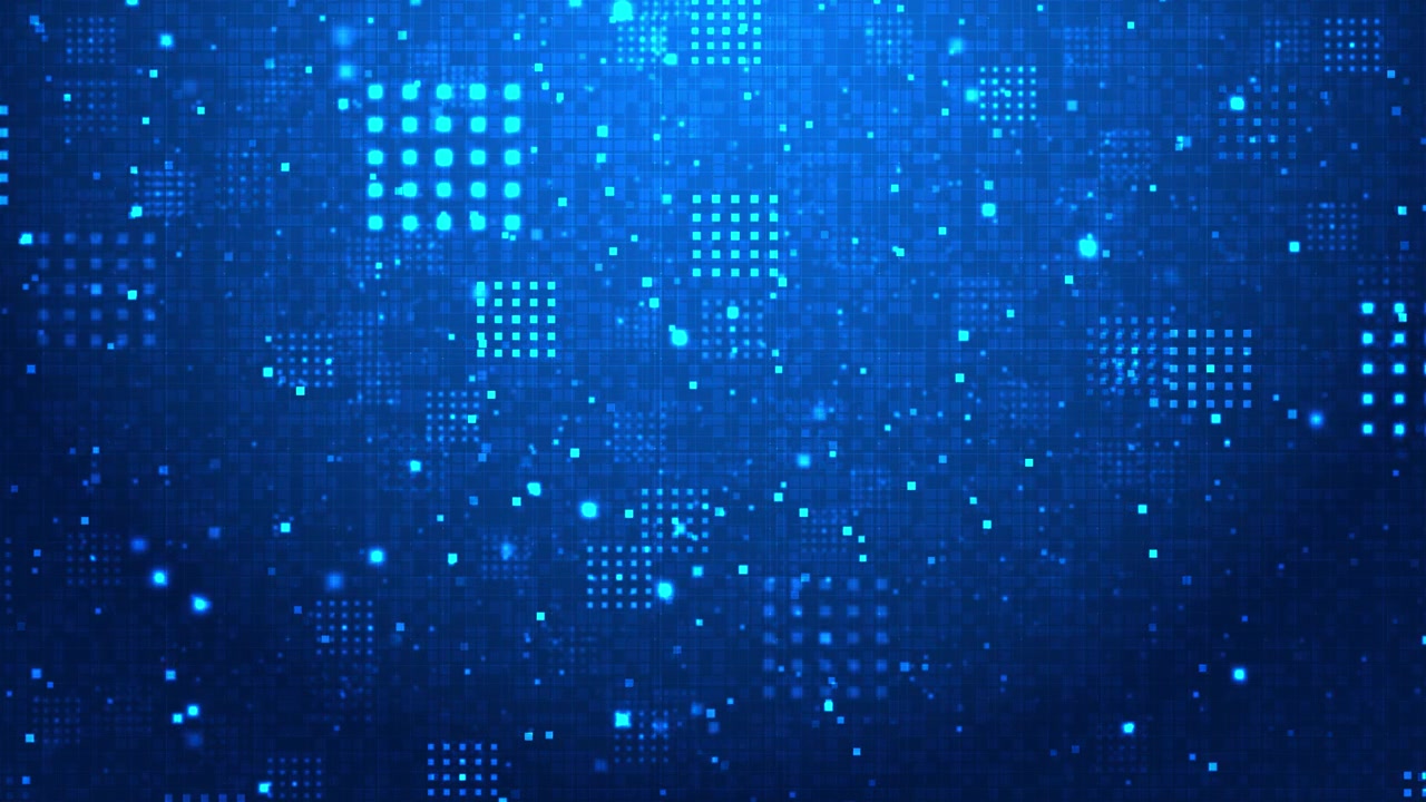 Glødende blåt pixeldata-visual med firkantede blokke, prikket gitter og abstrakt digital teknologi.
