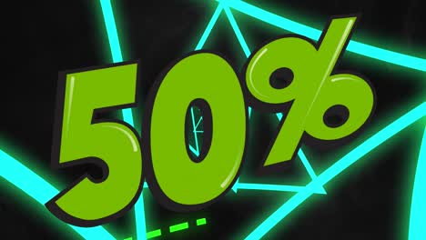 animation of rotating triangles and 50 percent off text on black background