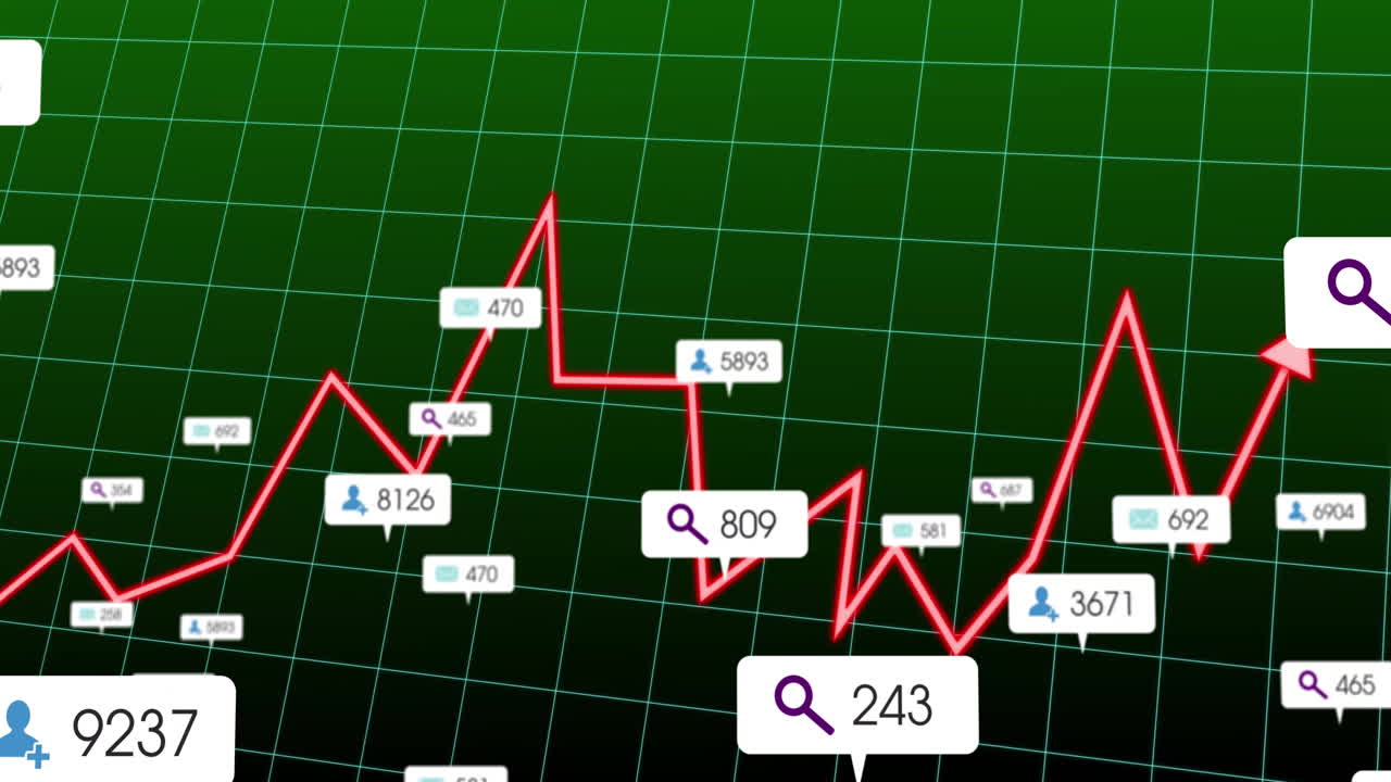 Red zigzag line chart moving across dark green grid, with floating metric callouts and icons