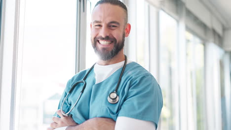 mature man, face or nurse arms crossed in hospital