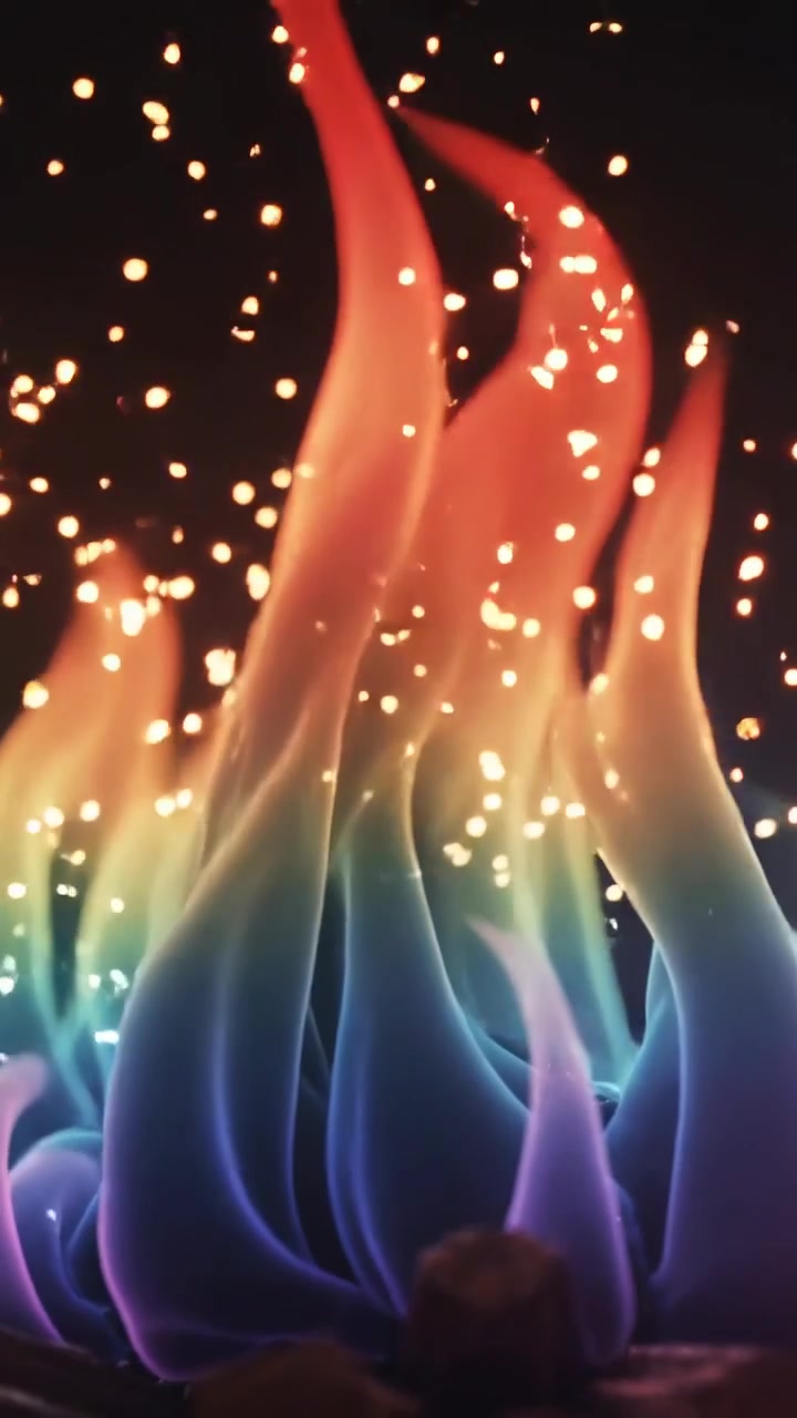Vertical video: Rising colorful flames curling on black screen from fuel pieces, with rising embers