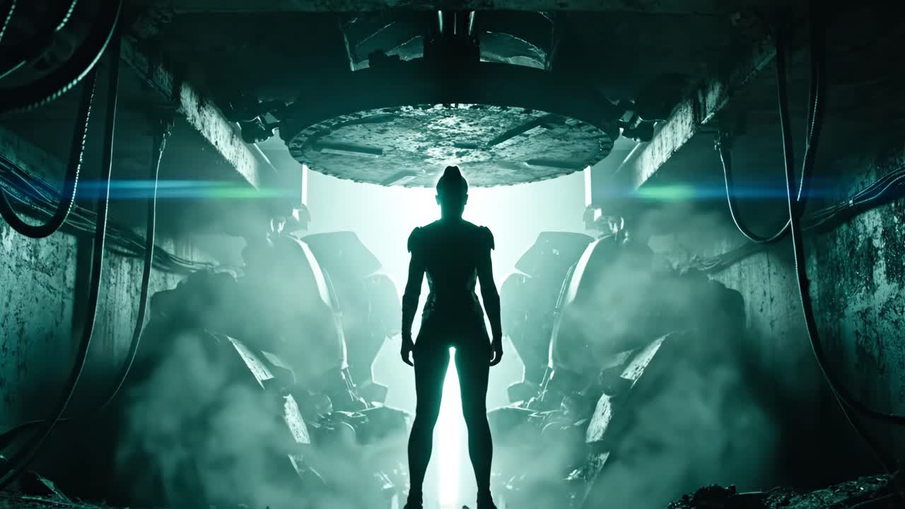 A mysterious figure in a futuristic tunnel