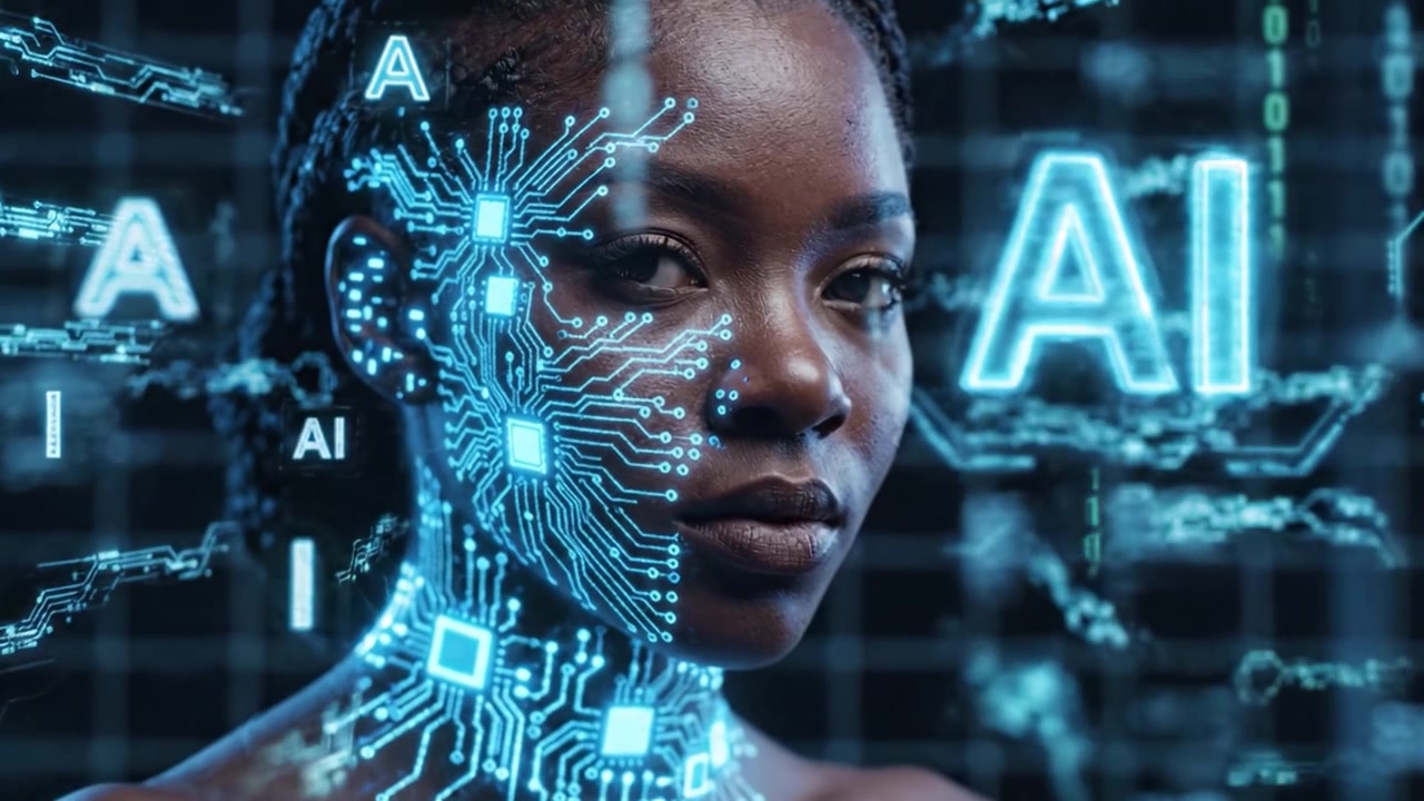 A Woman's Profile Embracing the Fusion of Technology and Humanity, Highlighting the Intersection of AI and Digital Innovation Through a Futuristic Lens