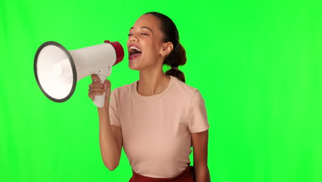 megaphone, green screen and happy woman