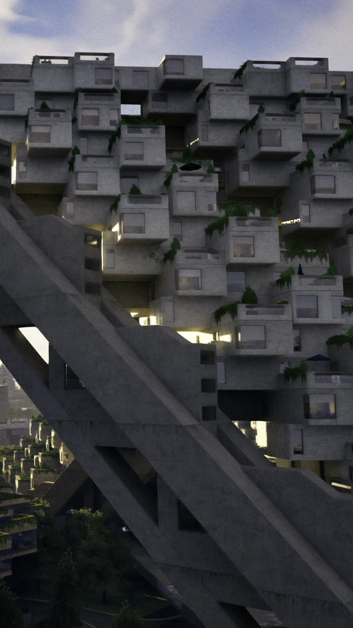 Modern building design with unique architecture in urban setting during sunset