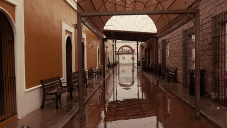 shot of a small town hallway on a rainy day