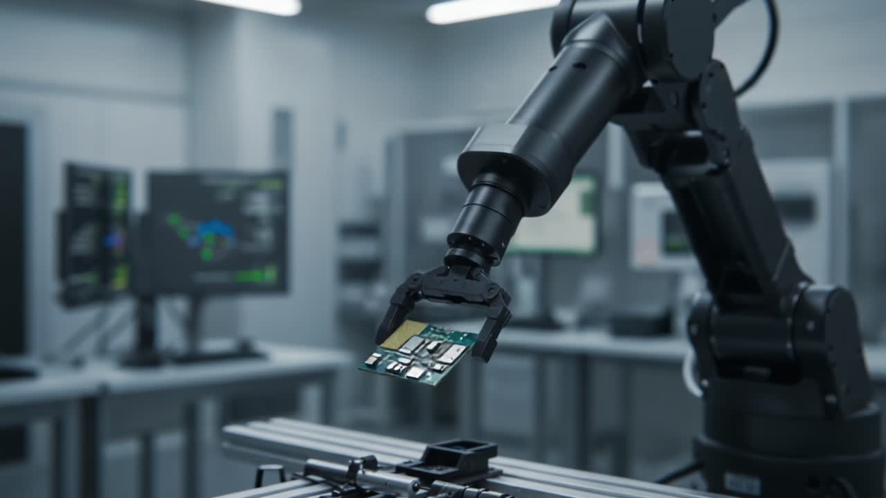 A High-Tech Robotic Arm Carefully Manipulating a Circuit Board Amidst Advanced Computer Systems in a Modern Engineering Workspace
