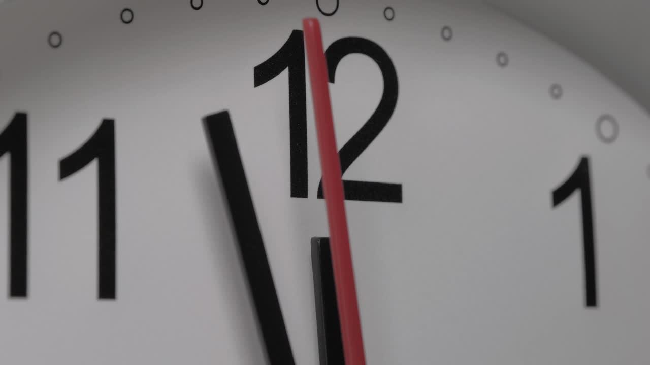Close-up of a white clock face suggesting the passing of time. Round white clock with black Arabic numerals