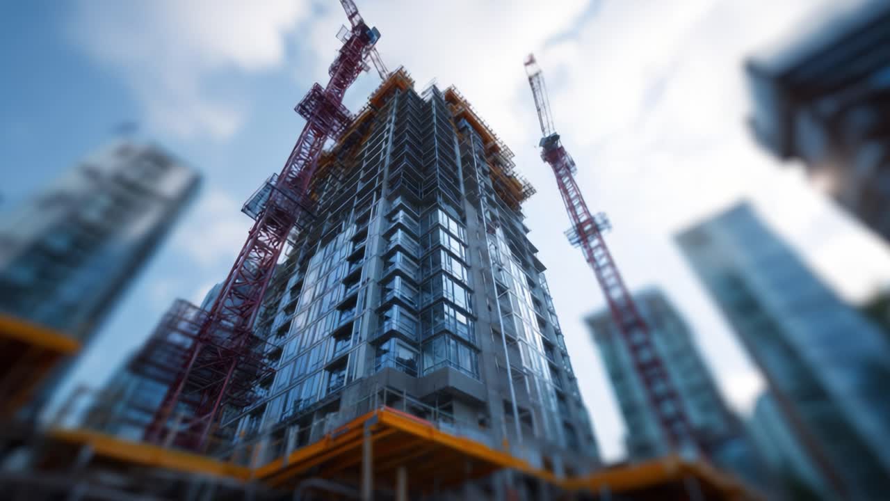 Moderna costruzione di grattacieli con gru: una vista mozzafiato su un progetto edilizio urbano in fase di sviluppo, tra uno skyline vivace e cieli azzurri e sereni.