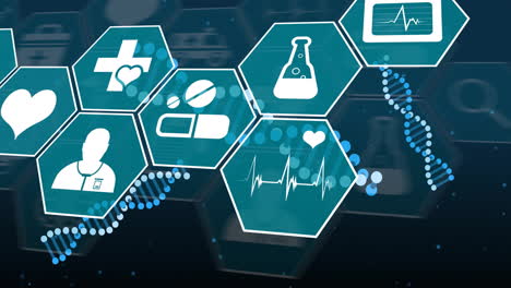 Animación-Del-Procesamiento-De-Datos-Científicos-E-íconos-Médicos-Sobre-Cadenas-De-ADN.