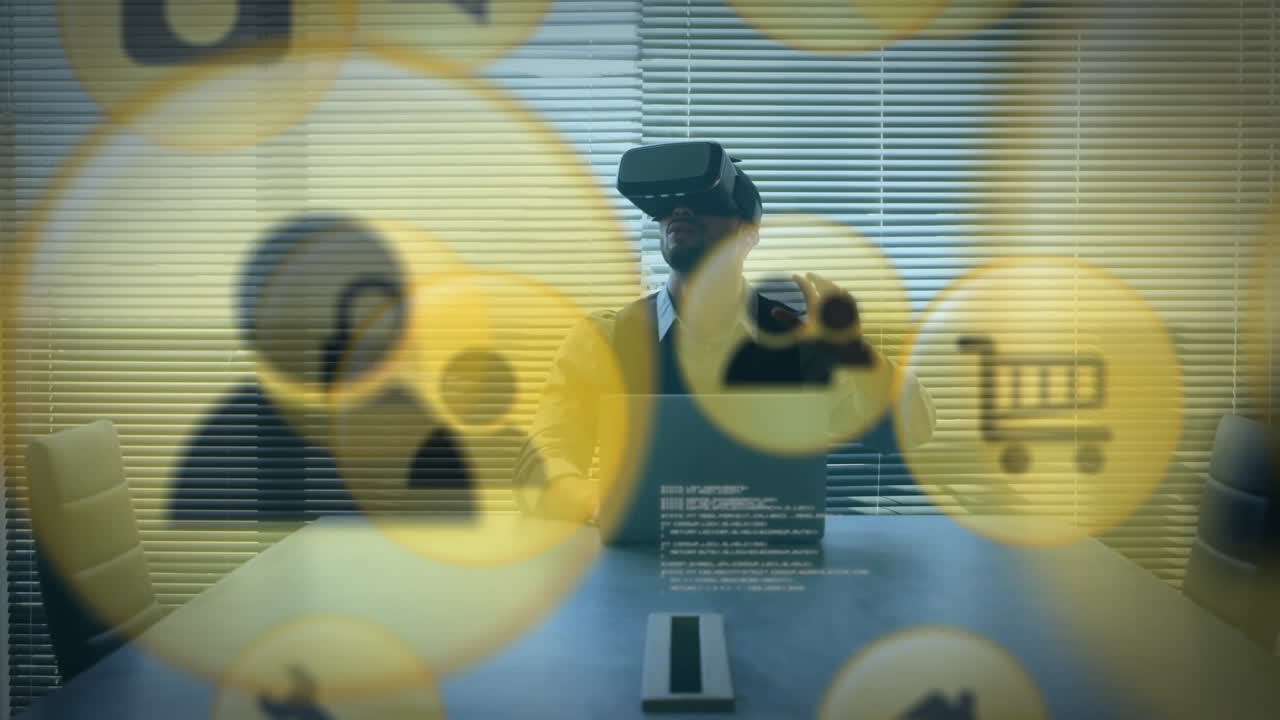 vr 헤드 ⁇ 을 착용한 남자와 함께 노란색 아이콘