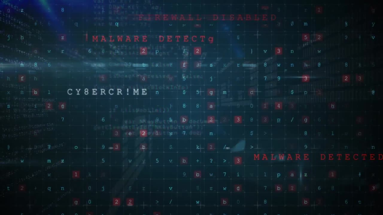 Animation of cyber attack warning over data processing on black background