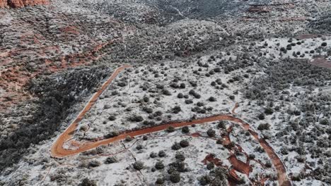 snow on red rocks of sedona in arizona - drone shot