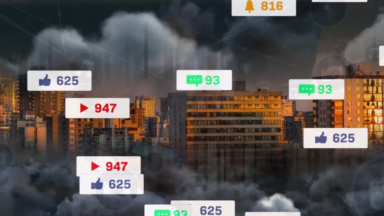 도시 풍경 위의 미디어 아이콘과 연결 네트워크의 애니메이션