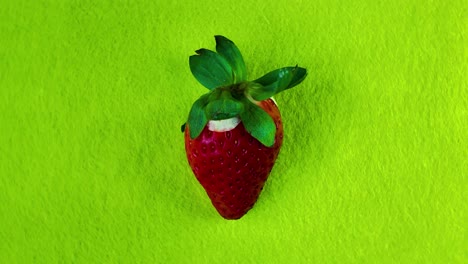 single red strawberry rotating on a bright green background