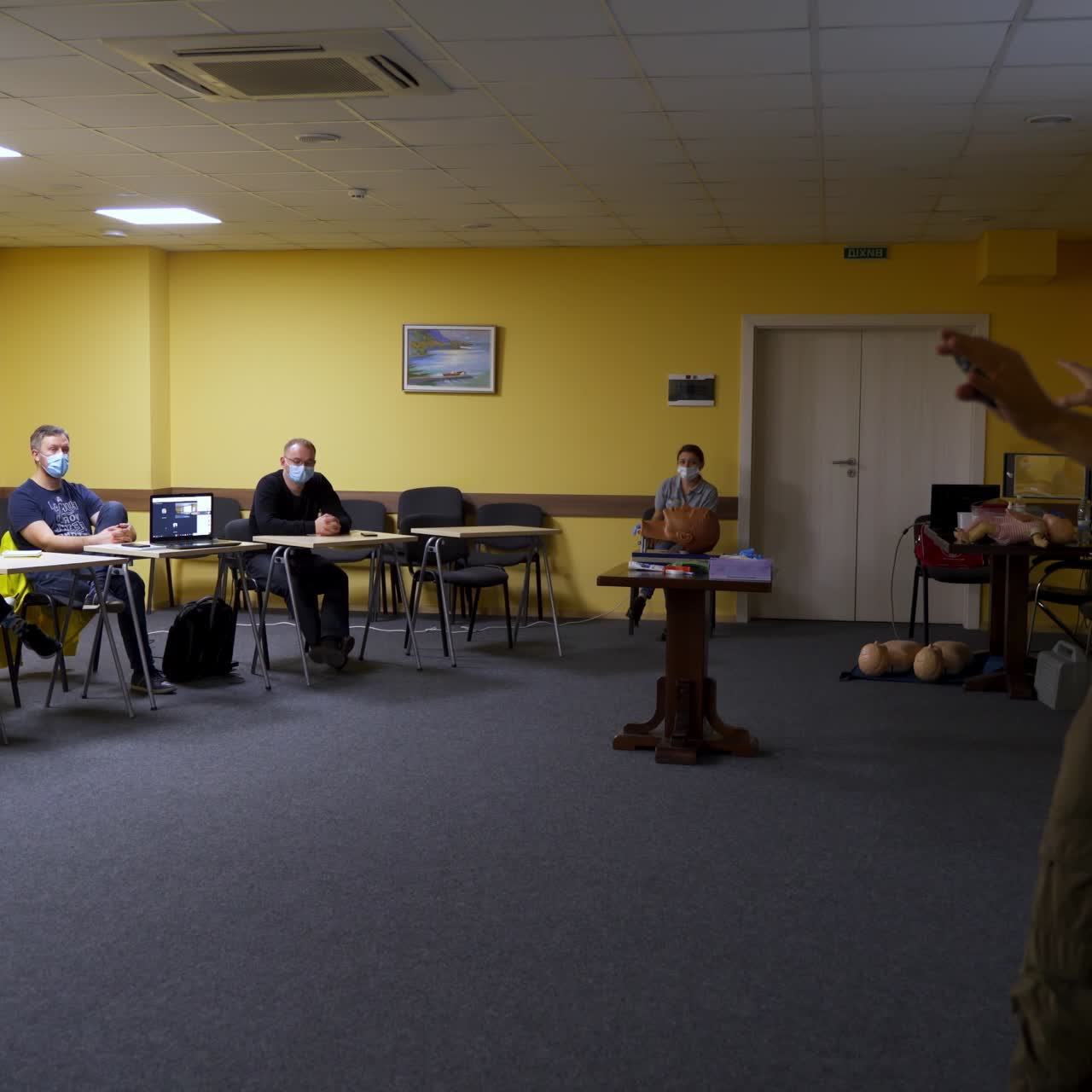 Training for medics. Seminar for doctors in big hall. Educational courses for medics and paramedics