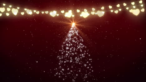animación de árbol de navidad, luces de hadas y nieve cayendo sobre fondo rojo.