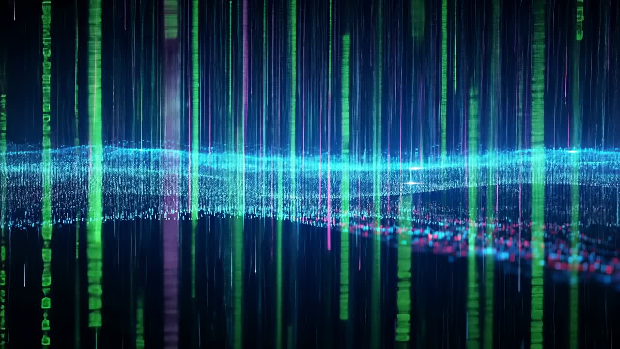 Initializing data landscape, pulsating cyan wave as vertical code streams cascading at digital grid
