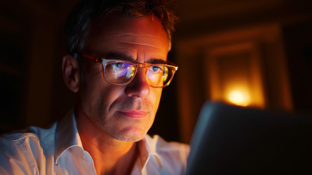 A focused man in glasses intensely studying a laptop screen in a dimly lit room, showcasing a late-night work session that highlights the essence of dedication and concentration amidst the darkness
