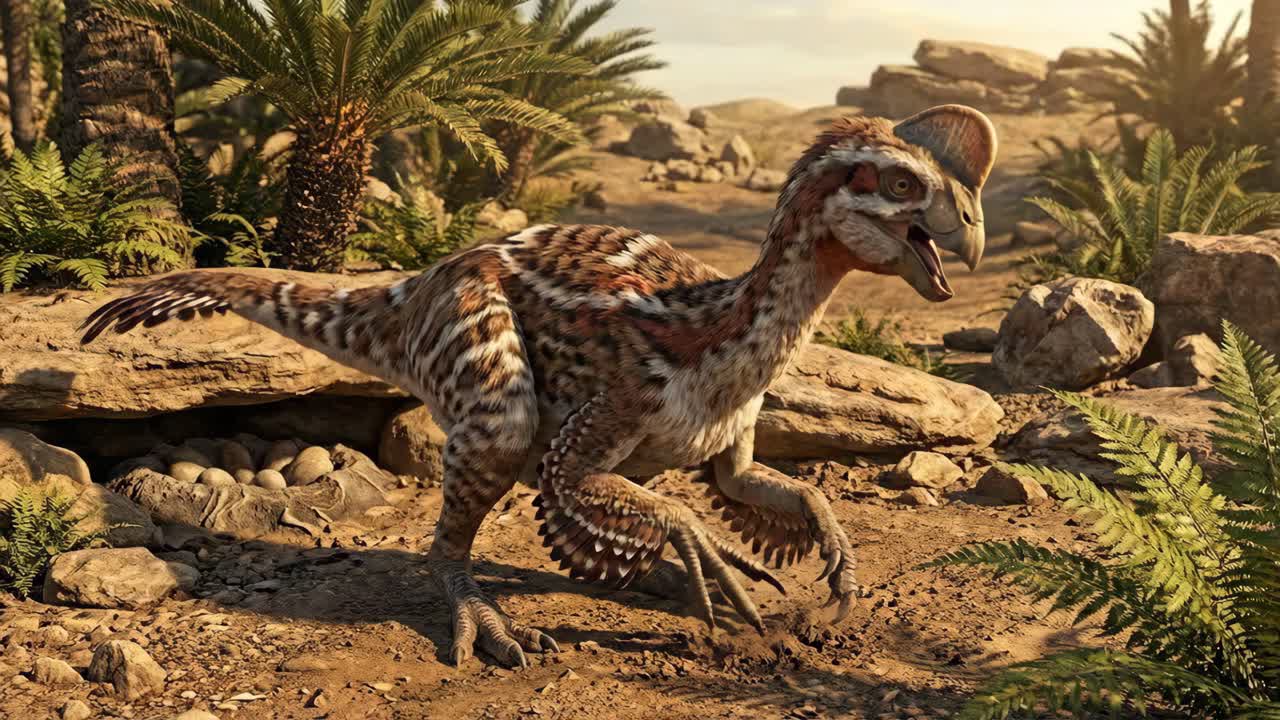 Dinosauro ornitomimosauro nel suo habitat naturale