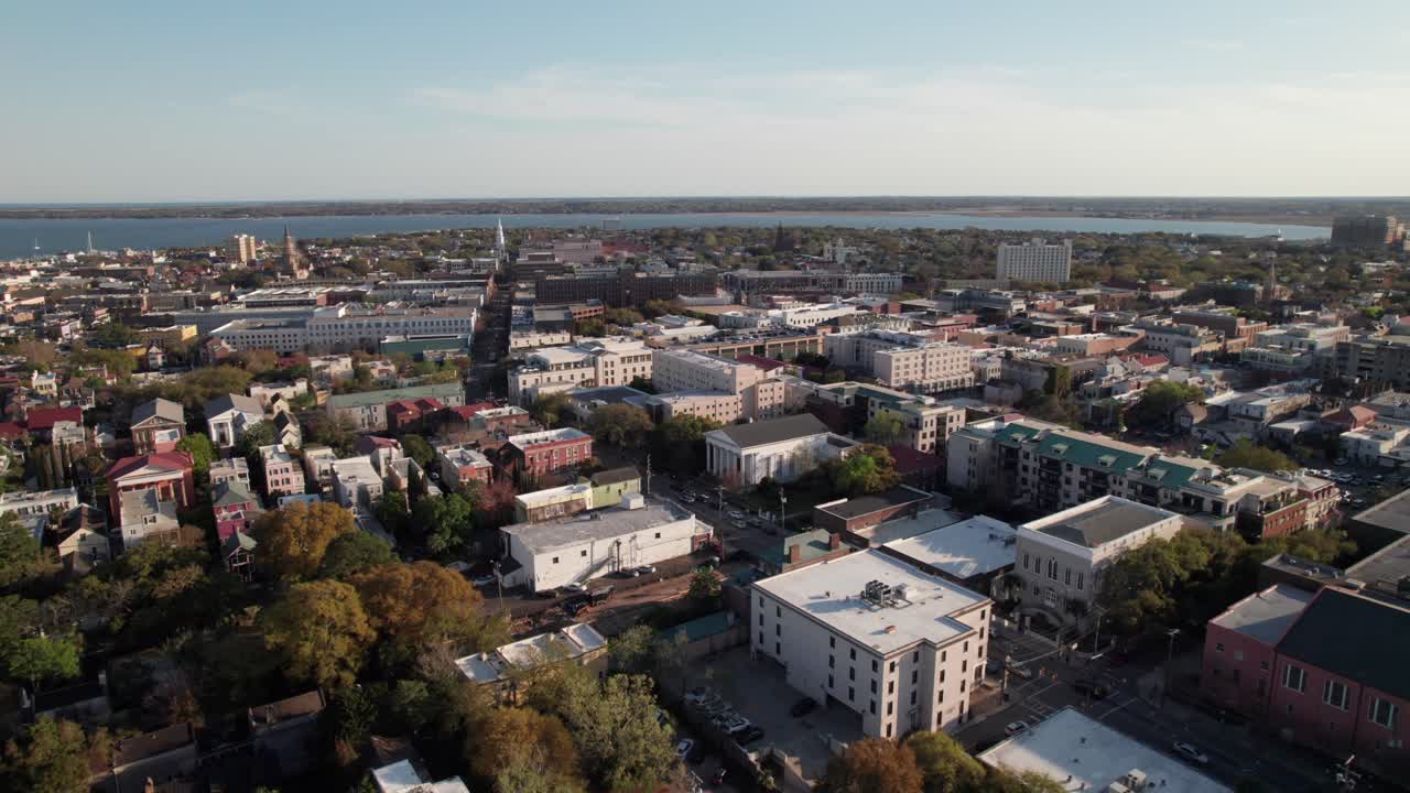 Aerial shot of downtown Charleston, SC and Radcliffeborough area, 4K