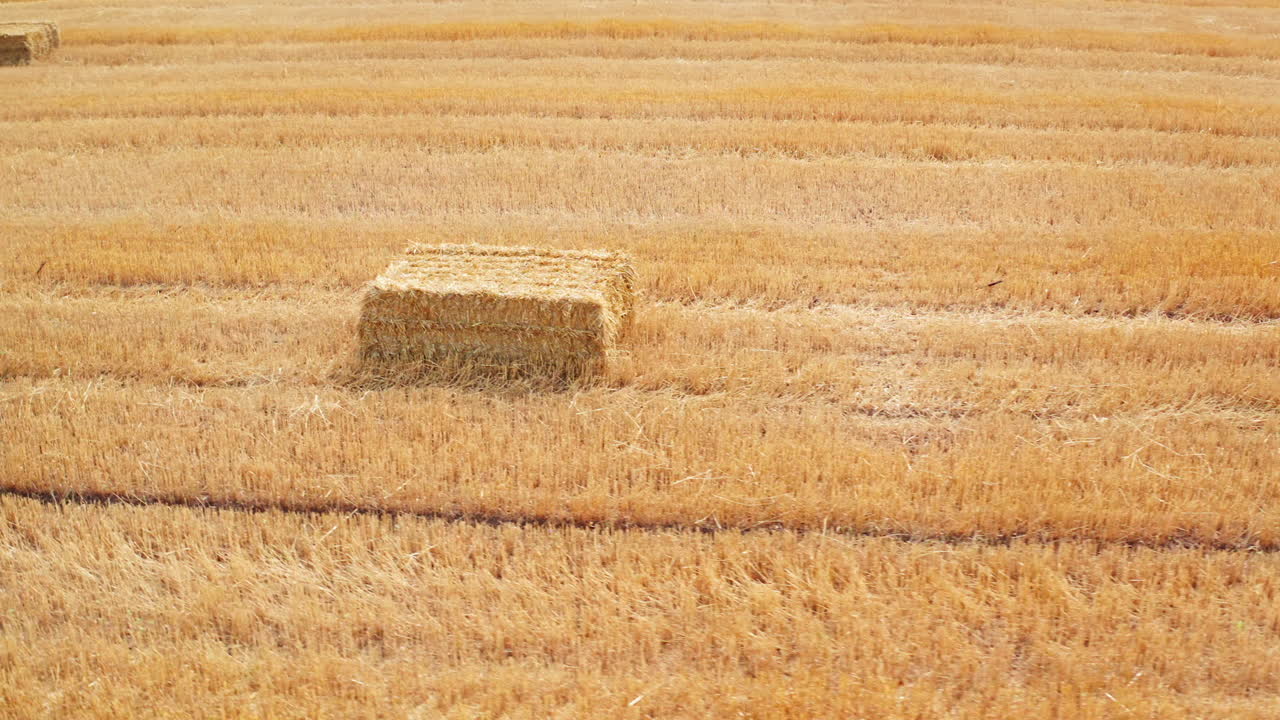 Hay bale in a shape of parallelepiped in the field. Circle movement over the straw pack with gradual rising.