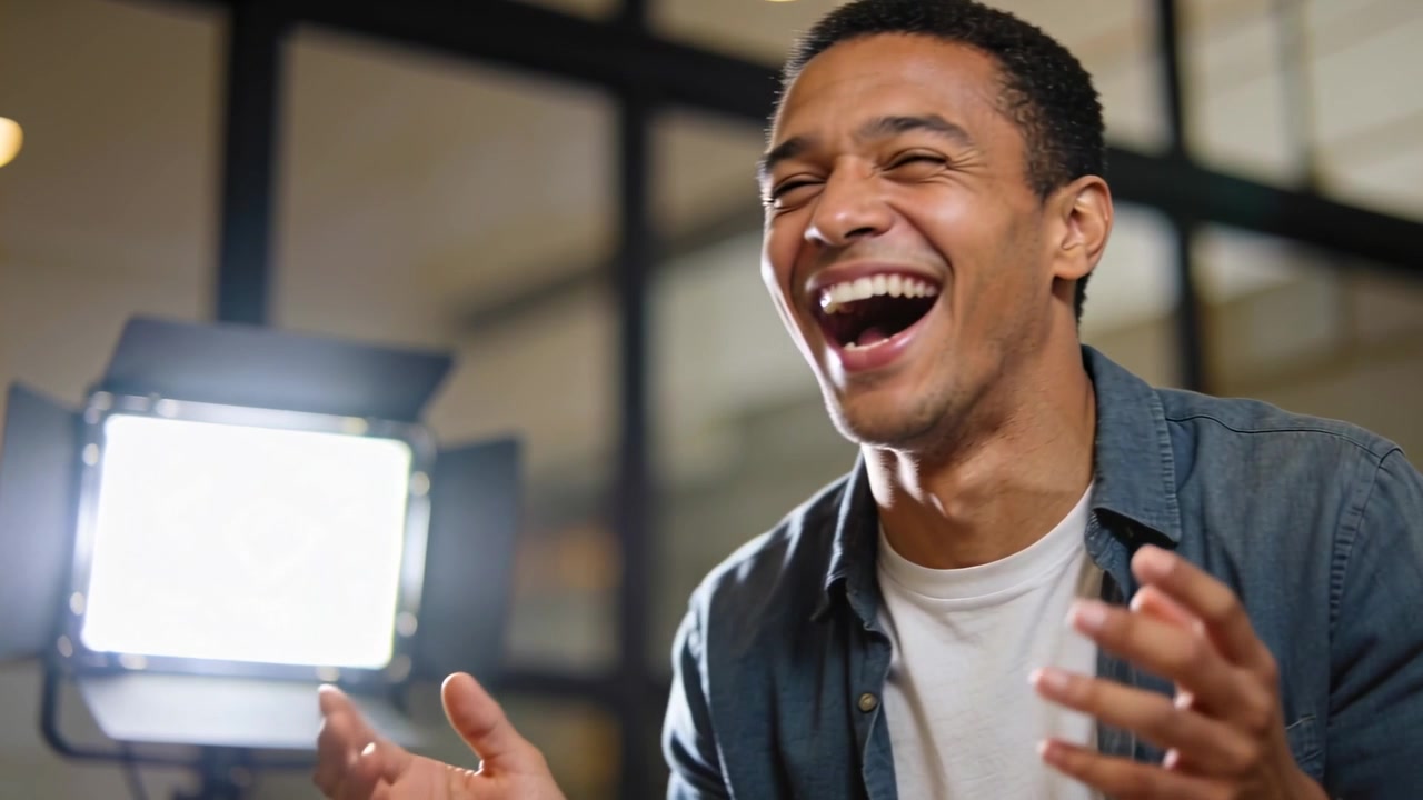 Hearing off-camera cue host laughing, leaning and gesturing in studio with LED panel, glass grid