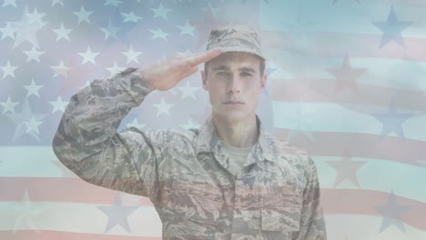 animation of american soldier over american flag floating