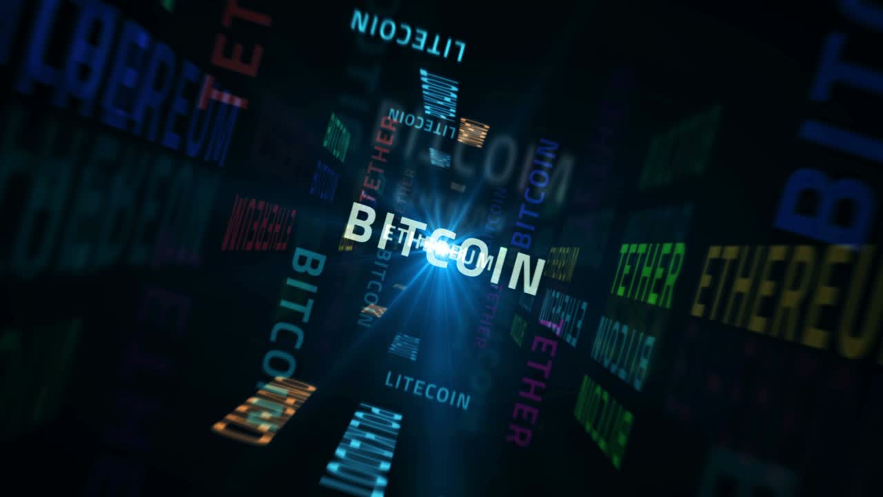 velocidad de vuelo sobre el bucle de texto de bitcoin concepto abstracto