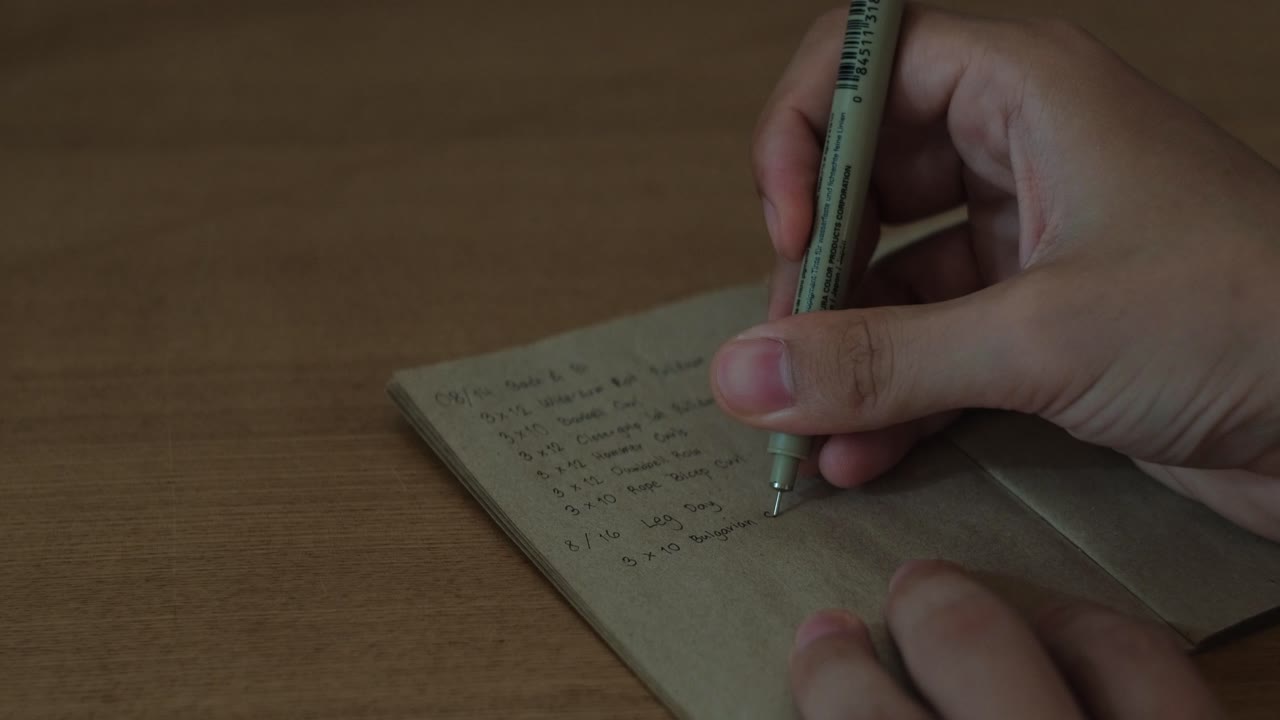 Close-up static shot of hand holding pen, writing a fitness workout plan in small notebook