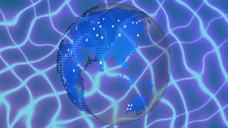 animation of blue pixelated globe rotating with water refracted blue grid background