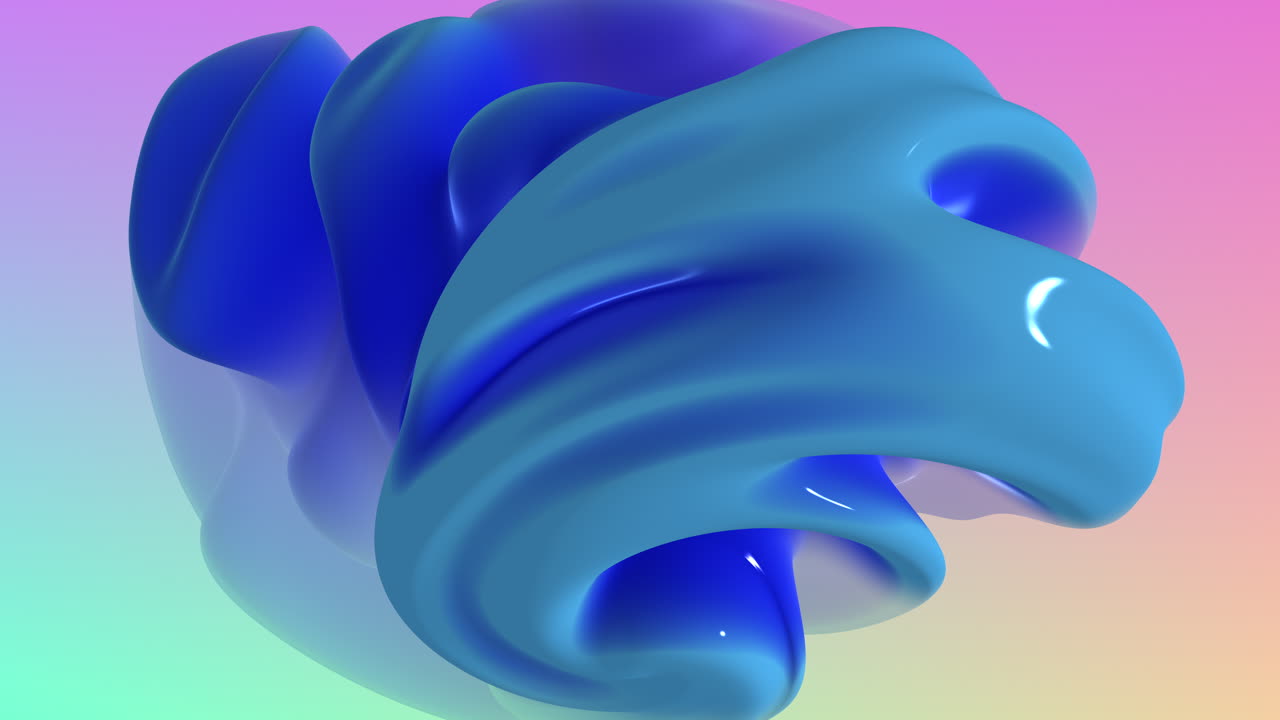 Smooth 3d blue liquid blob morphs and flows against a soft pastel gradient background, creating a modern abstract motion design element ideal for creative videos, presentations and digital branding