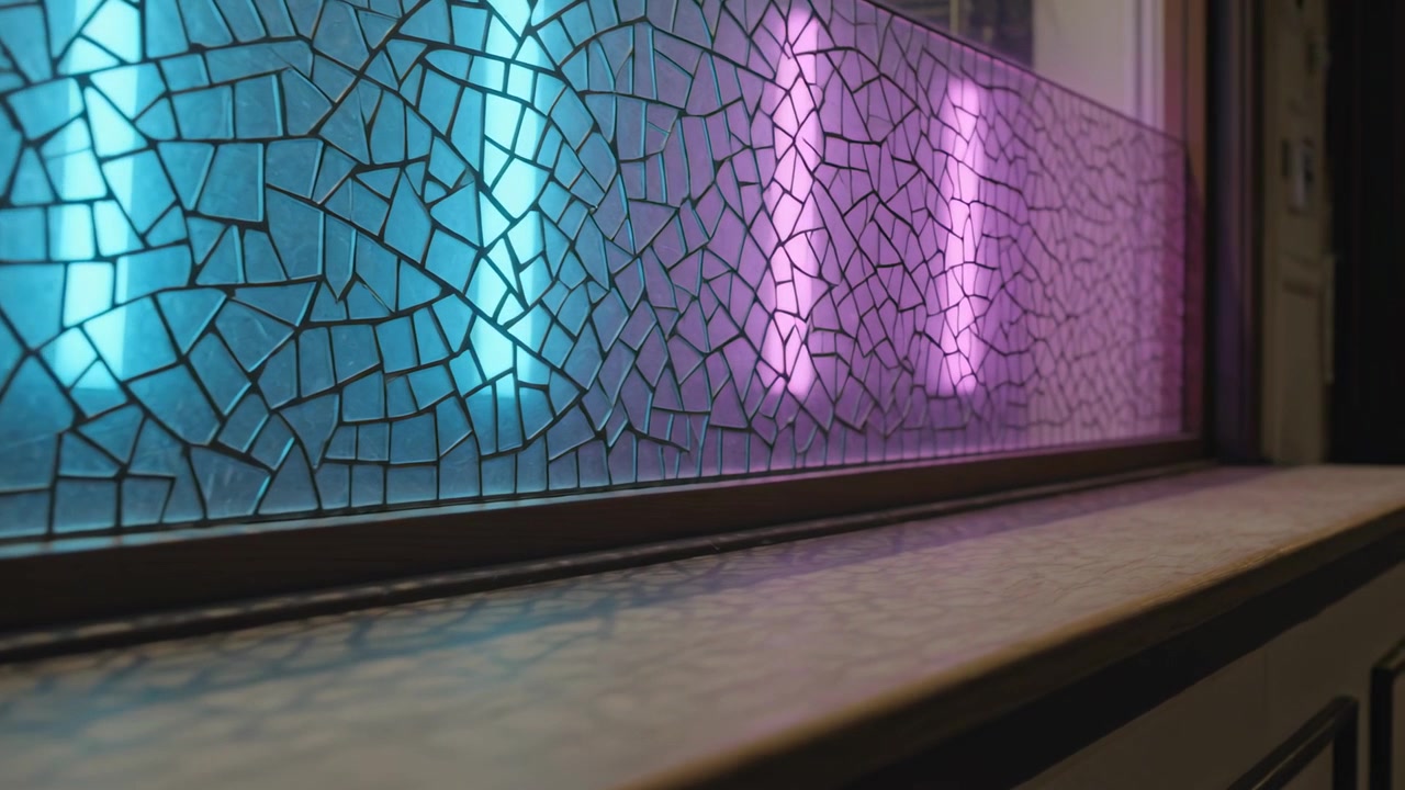 Klipp: Sporingskamera åpner og avslører et mosaikkglasspanel som beveger seg i en bar med cyan og magenta neonbelysning