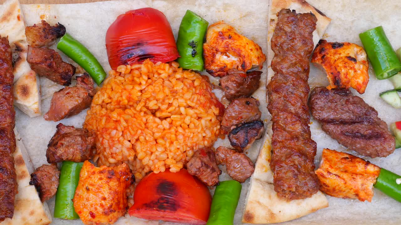 Assortment of Turkish Kebabs with Bulgur Pilaf and Grilled Vegetables