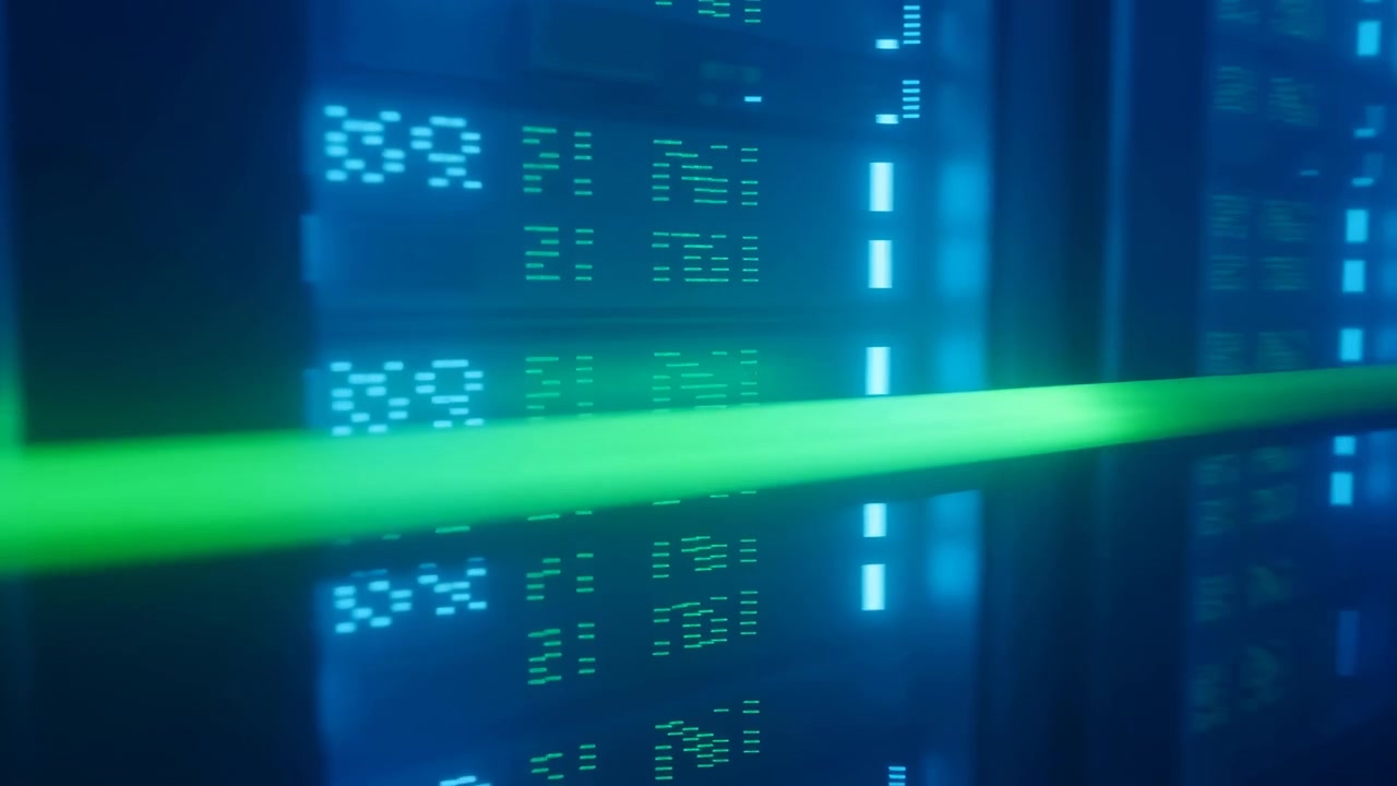 Green laser scanning across dim server room corridor with rack-mounted equipment and blue LED