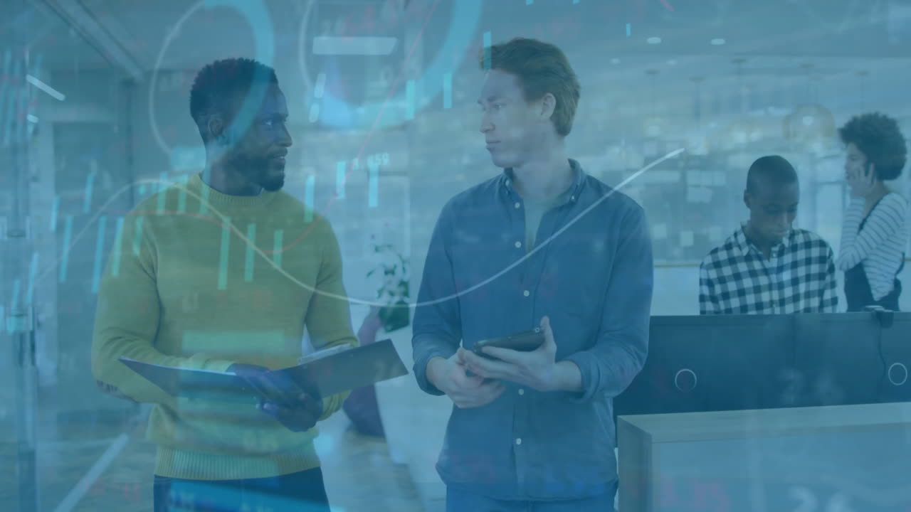 Animation of financial data processing over diverse male colleagues discussing work in office