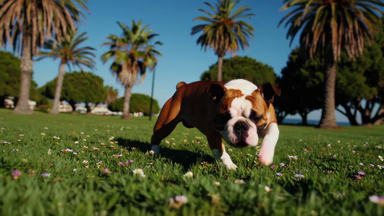 Playful English Bulldog Puppy in a Park