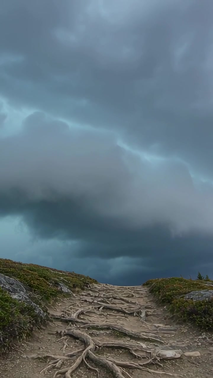 Vertikal video: Storm nærmer sig, sender skyer, der sænker sig og dæmper lyset over en stenet sti med rødder.