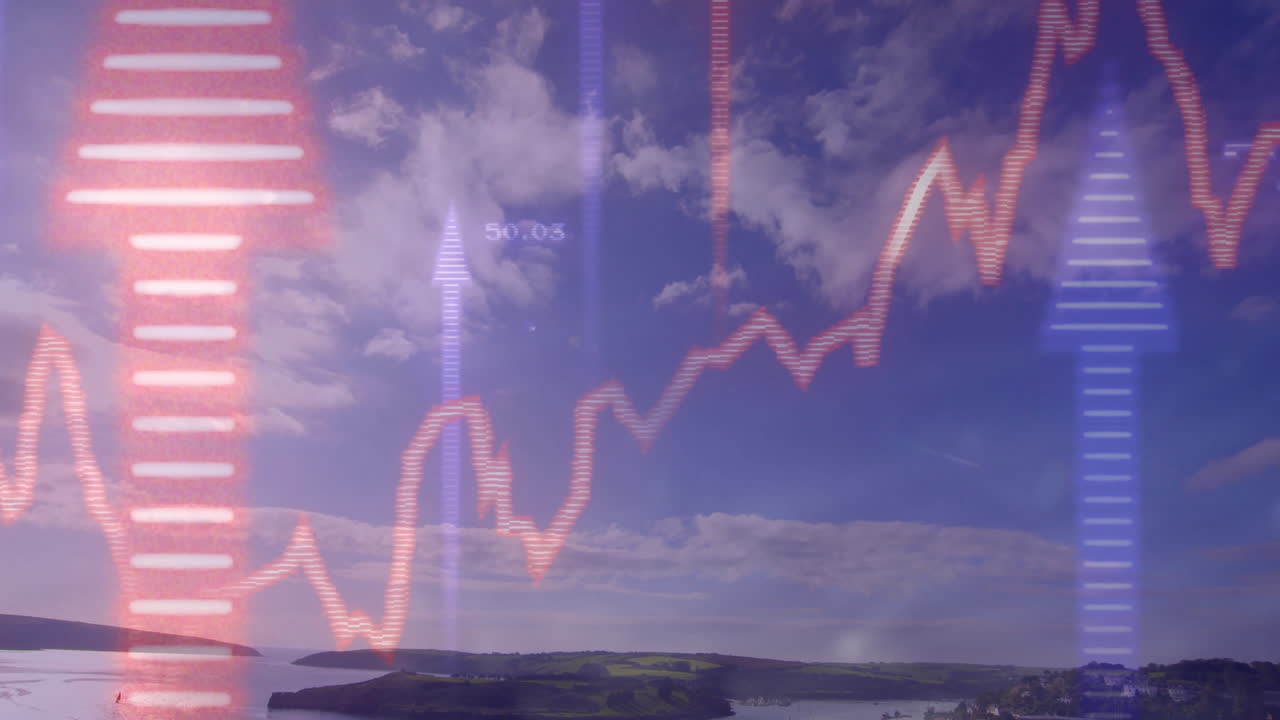 Displaying red glowing zigzag line graph overlay in coastal bay scene, with neon bars and arrows