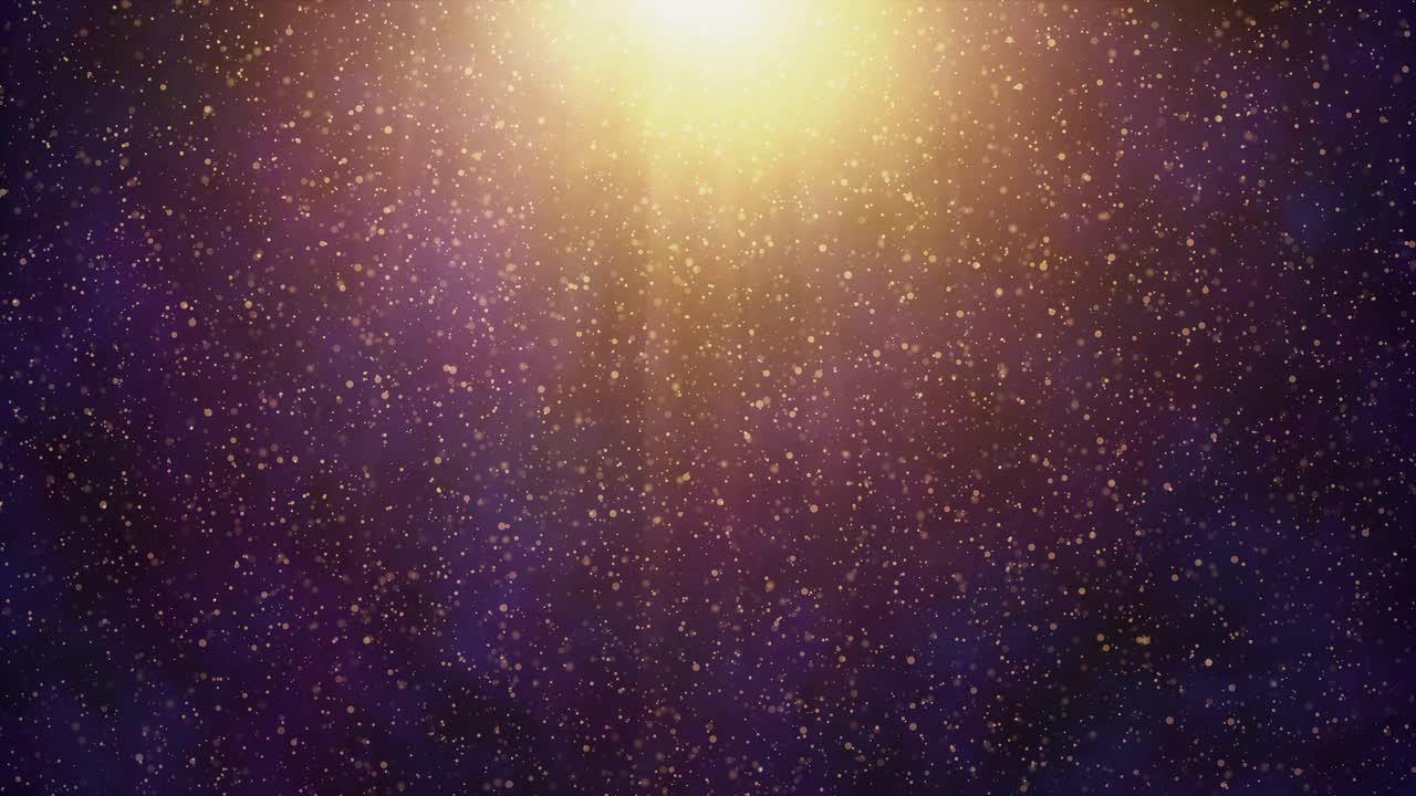 gold glitter floating whirling particles and purple billowing smoke background - radiant yellow light at the top creates a dreamy and ethereal atmosphere