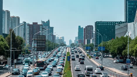 Avenue-City-highway-crossroad-traffic-flow-landscape-sunrise-morning-scene-near-small-lake-river,-Time-Lapse-Heavy-traffics-jam-cars-flowing-at-open-hour-business