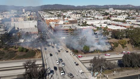 Aerial-Brush-fire-Burning-on-freeway