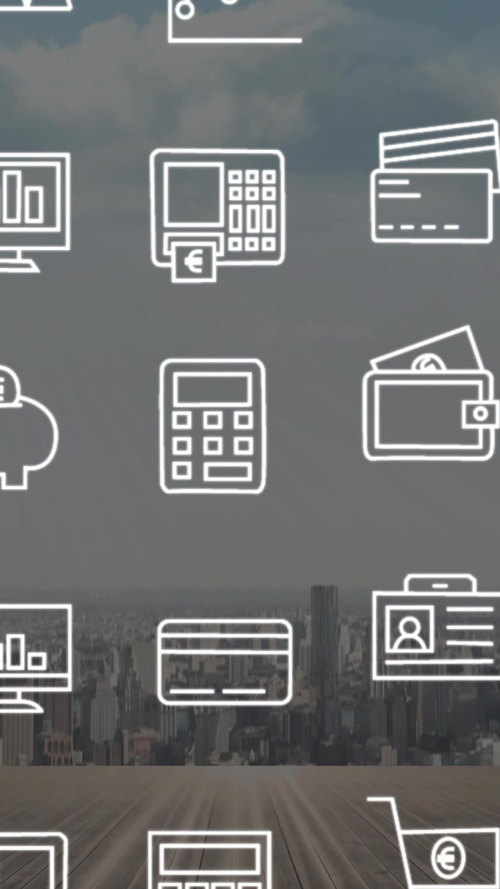 Overlaying financial icons on cityscape, animation depicting economic growth in school