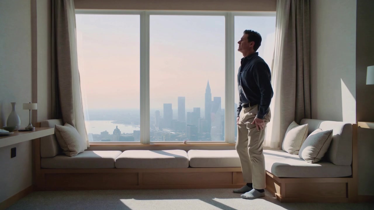 Wind moving drapes man dark top turning leaning standing walking bench studying skyline, copy space