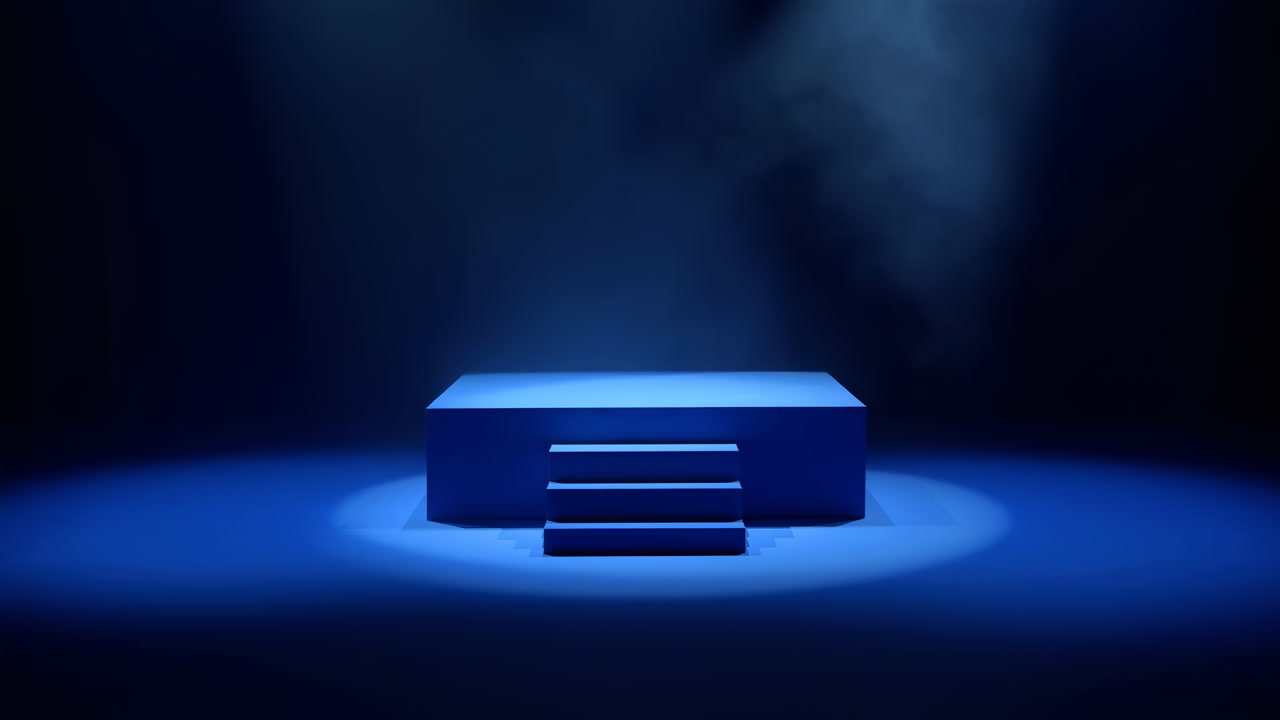 Smoky Stage With Illuminated Podium And Low Blue Spotlight, Cinematic Atmosphere For Product Launch Or Award