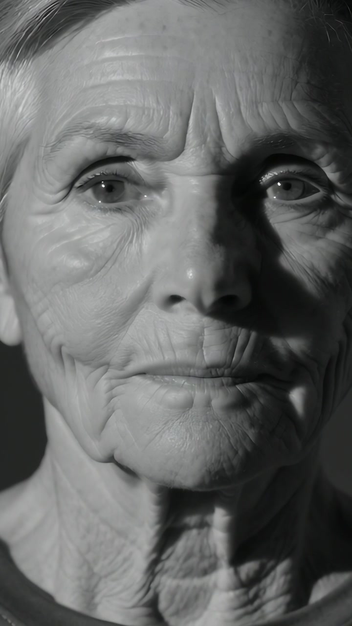 Video verticale: Donna che sbatte le palpebre, spostando lo sguardo e la testa con inquadrature che cambiano in uno studio con luce principale.